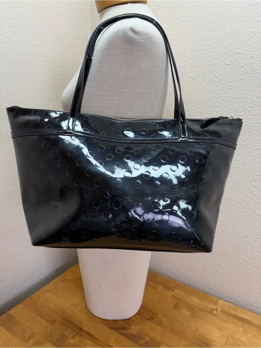 Kate Spade New York Black Patent Polka Dot Bow Tote Zip Shoulder Bag Large